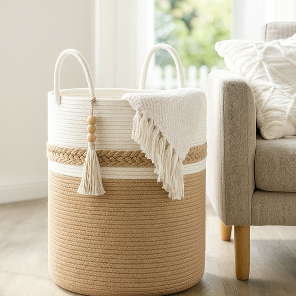Other - 100% Cotton Woven Storage Basket – Cream & Tan Boho Organizer